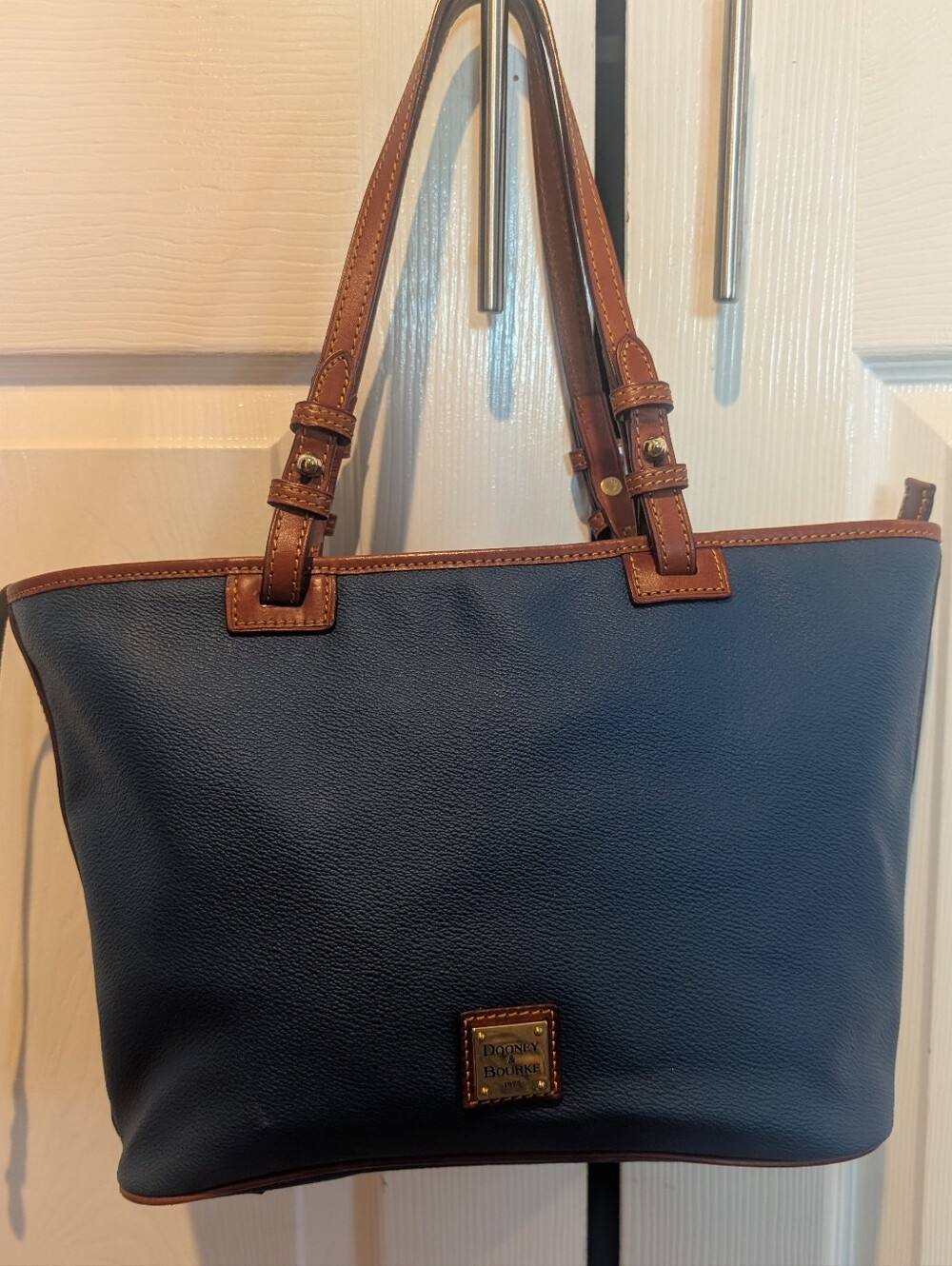 Dooney & Bourke Navy Blue Leather Tote with Brown Trim